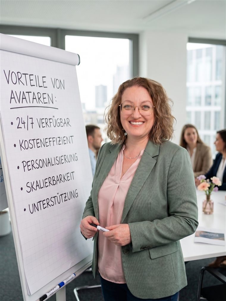 Helena Christ erklärt die Vorteile von KI-Avataren auf einem Flipchart